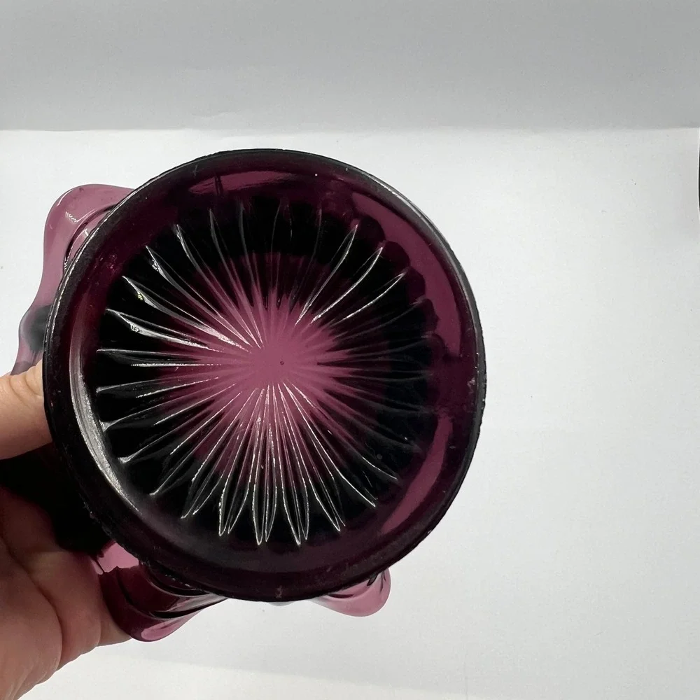 Vintage Amethyst Purple Glass Ruffled Handkerchief Pedestal Bowl Geometric Vase